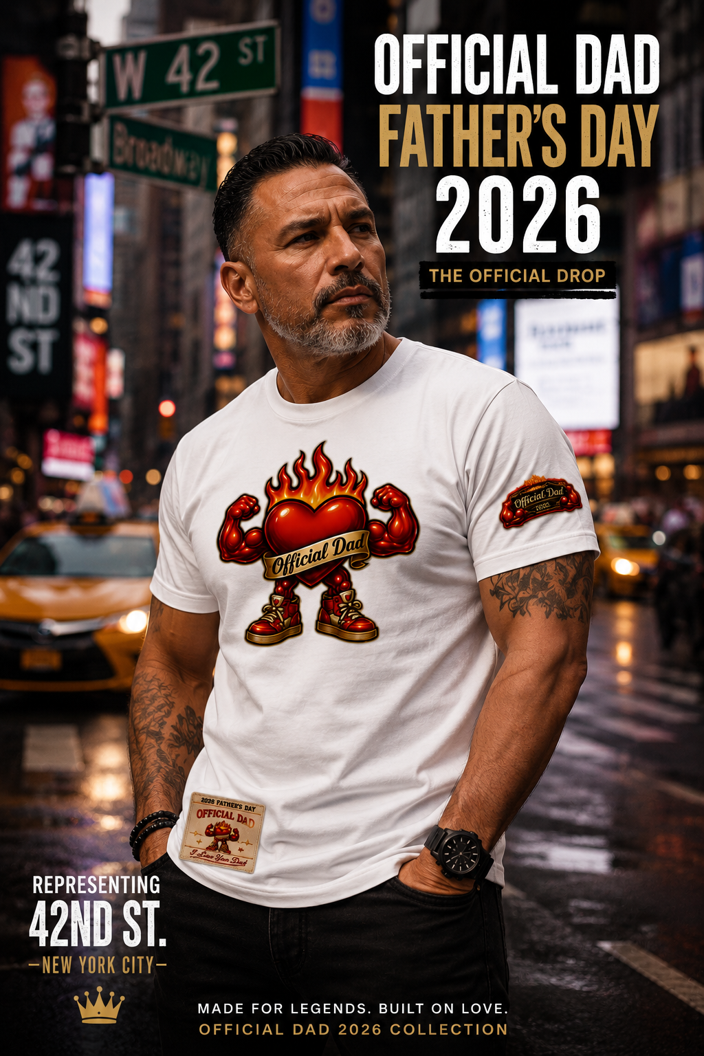 Premium white Official Dad 2026 Father’s Day t-shirt featuring a hyper-realistic DTF flaming heart mascot with muscular arms, a detailed sleeve graphic, and a lower right hem collection tag design worn by a model.