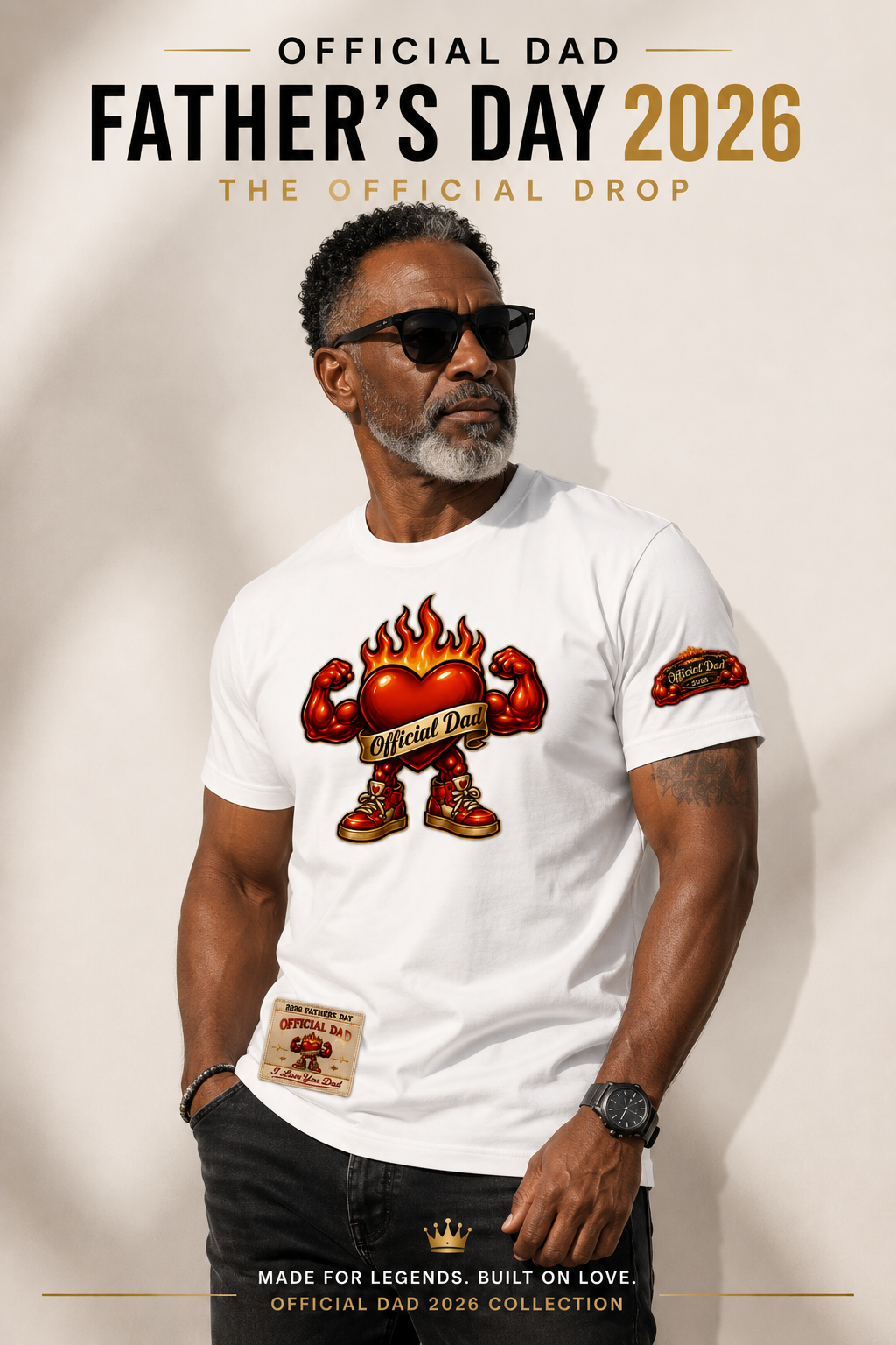 Premium white Official Dad 2026 Father’s Day t-shirt featuring a hyper-realistic DTF flaming heart mascot with muscular arms, a detailed sleeve graphic, and a lower right hem collection tag design worn by a model.