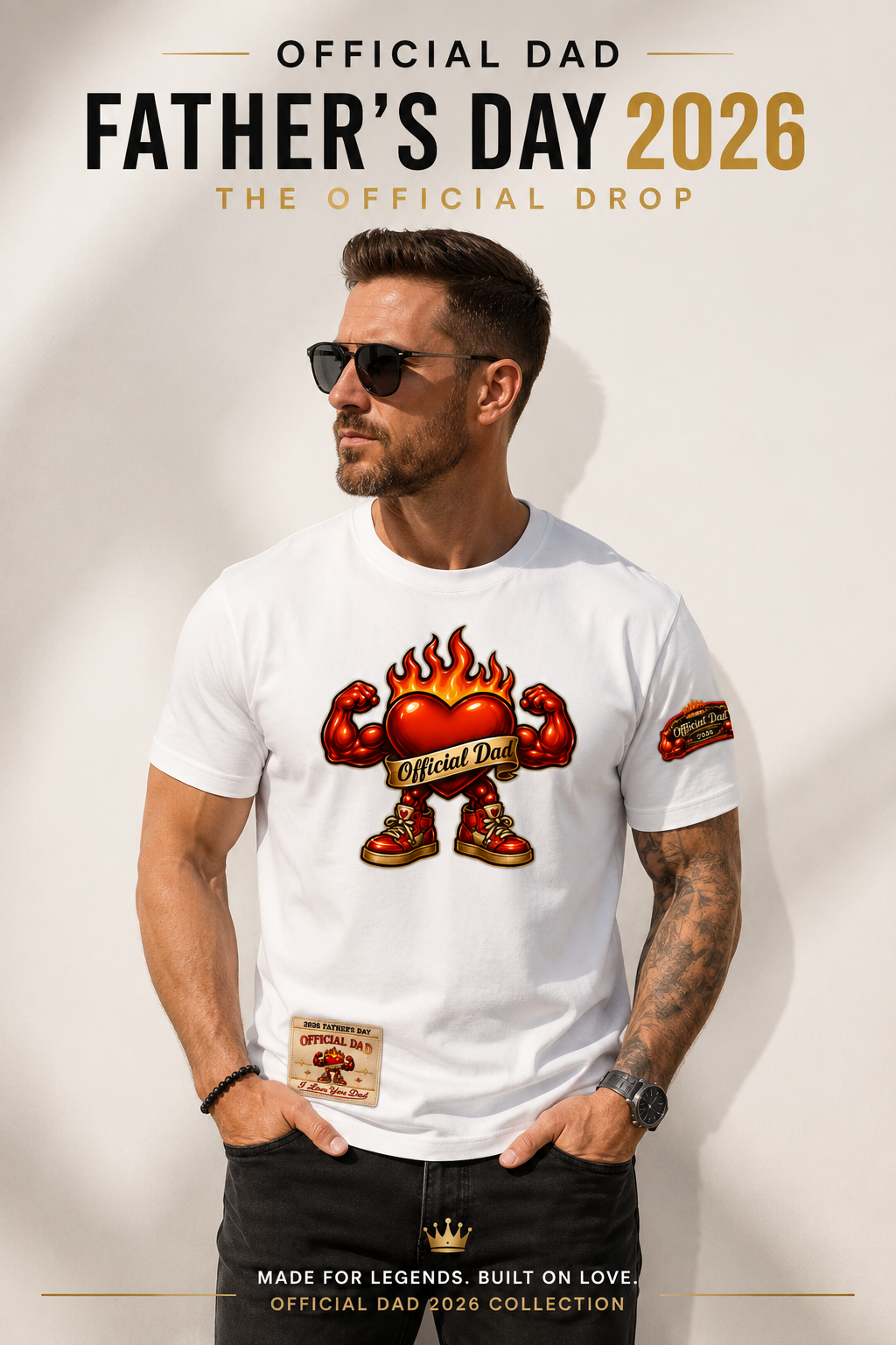 Premium white Official Dad 2026 Father’s Day t-shirt featuring a hyper-realistic DTF flaming heart mascot with muscular arms, a detailed sleeve graphic, and a lower right hem collection tag design worn by a model.