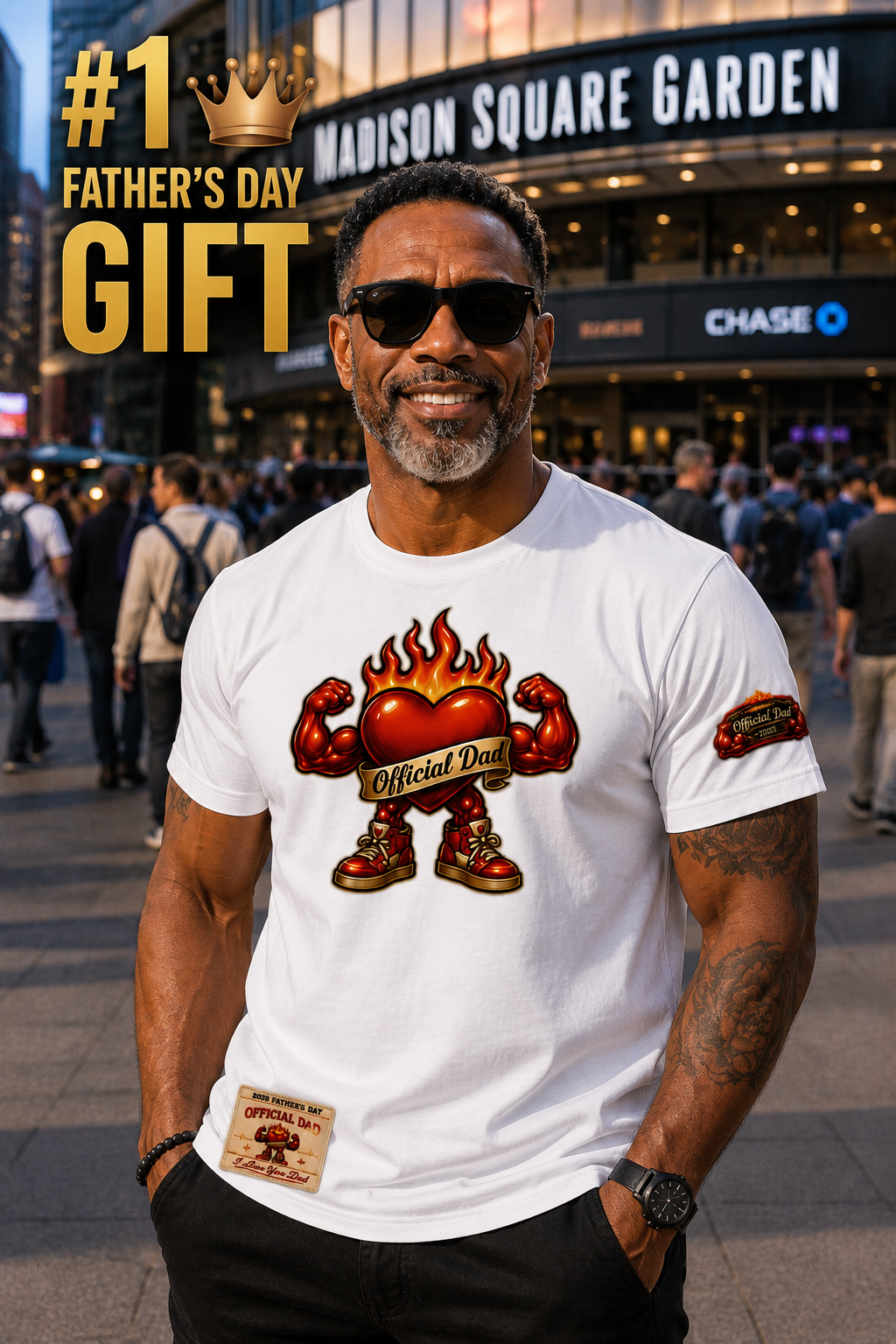 Premium white Official Dad 2026 Father’s Day t-shirt featuring a hyper-realistic DTF flaming heart mascot with muscular arms, a detailed sleeve graphic, and a lower right hem collection tag design worn by a model.