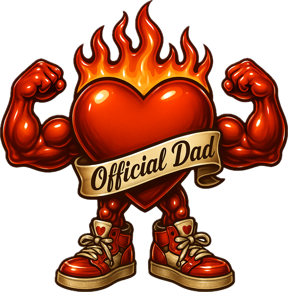 High-resolution graphic of the Official Dad flaming heart mascot with flexed muscular arms, gold script banner, and high-top sneakers printed in vivid red and gold.