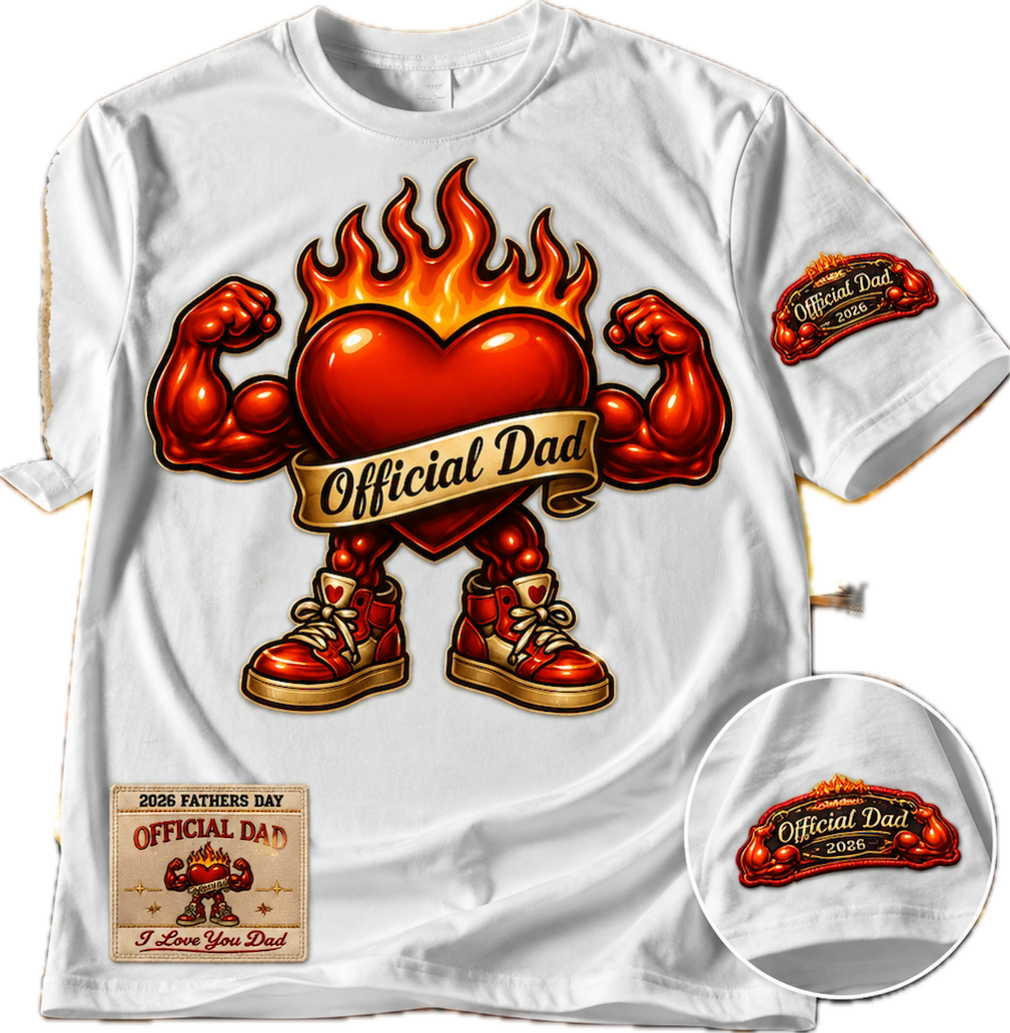 Product laydown of the premium white Official Dad 2026 Father's Day t-shirt showing the large flaming heart chest graphic, the lower left Mitchell and Ness style tag design, and a circular close-up inset of the red left sleeve graphic.