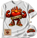 Product laydown of the premium white Official Dad 2026 Father's Day t-shirt showing the large flaming heart chest graphic, the lower left Mitchell and Ness style tag design, and a circular close-up inset of the red left sleeve graphic.
