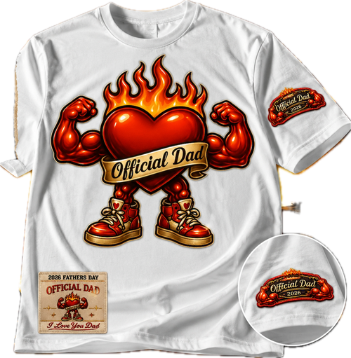 Product laydown of the premium white Official Dad 2026 Father's Day t-shirt showing the large flaming heart chest graphic, the lower left Mitchell and Ness style tag design, and a circular close-up inset of the red left sleeve graphic.