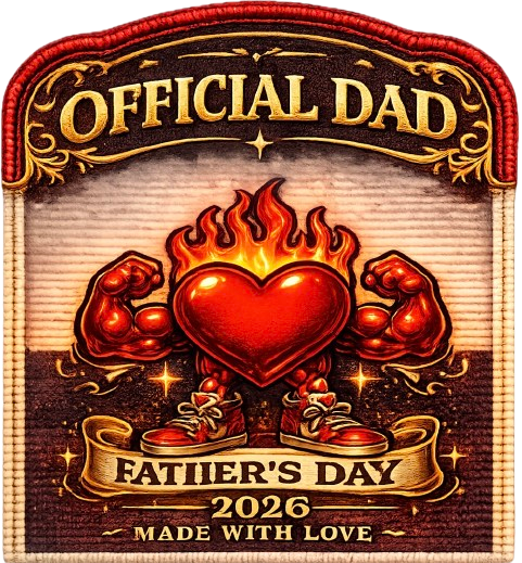 Close-up of the gold and red printed inside neck label for the Official Dad 2026 Father’s Day t-shirt collection featuring detailed scrollwork and 'Made With Love' text.