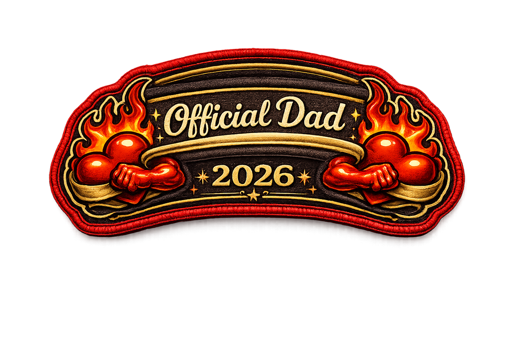 Arched left sleeve graphic for the Official Dad 2026 collection featuring twin flaming hearts, gold script text, and a highly detailed red border.