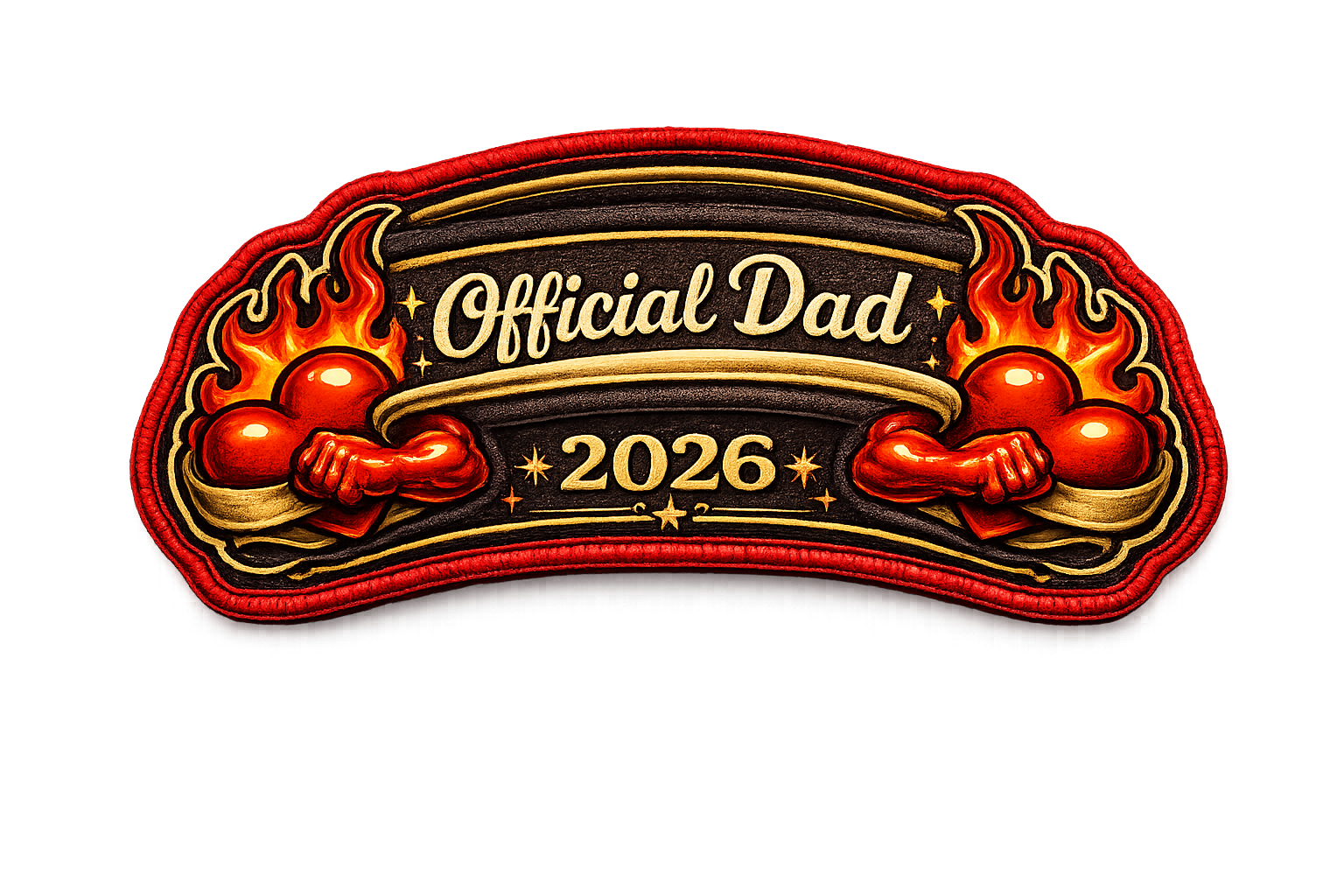Arched left sleeve graphic for the Official Dad 2026 collection featuring twin flaming hearts, gold script text, and a highly detailed red border.