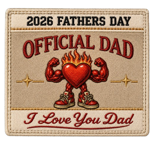Close-up of the vintage Mitchell and Ness jersey style lower right hem graphic on the Official Dad 2026 Father’s Day white t-shirt featuring a highly detailed heart mascot with flames and 'I Love You Dad' cursive text.
